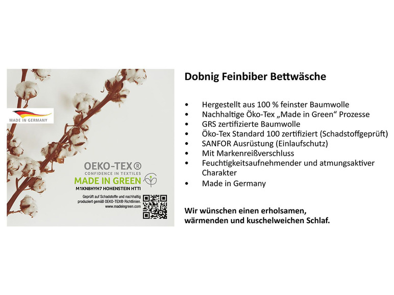 Bavlnené posteľné prádlo Dobnig vyrobené zo 100 % organickej bavlny, s certifikáciou Öko-Tex.