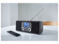 Strieborné rádio s Bluetooth a diaľkovým ovládaním.
