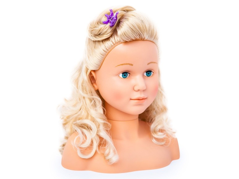 Bábková hlava s dlhými blond vlasmi na cvičenie účesov.