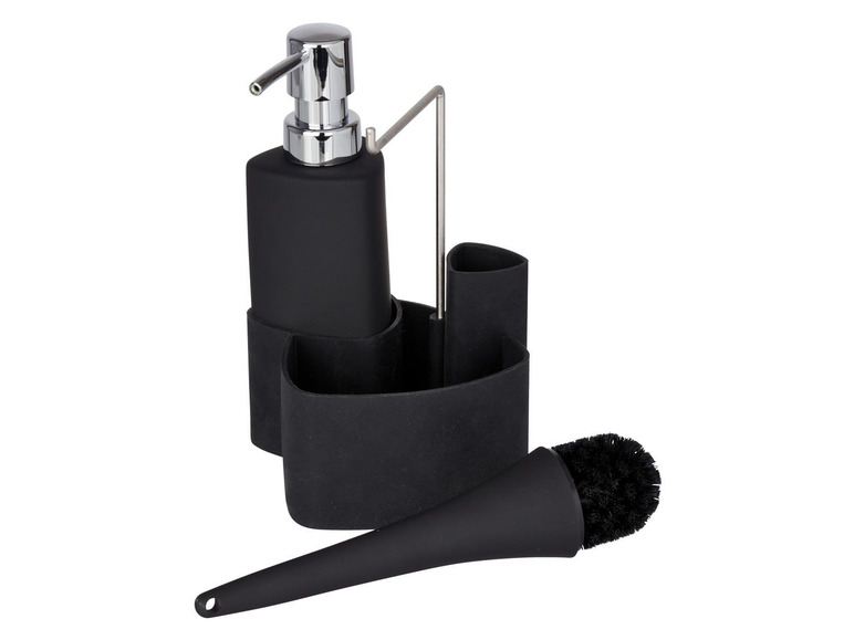 Čierny dávkovač, kefa a stojan na čistiace prostriedky.