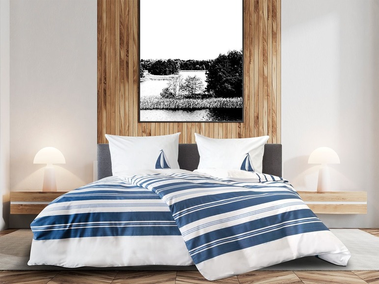 Prejsť na zobrazenie na celú obrazovku: Primera Mako-saténová posteľná bielizeň, 140 x 200 cm, pláž / tmavomodrá – obrázok 1