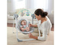 Dieťa v hojdacej stoličke Fisher-Price s ženou, ktorá sedí vedľa.
