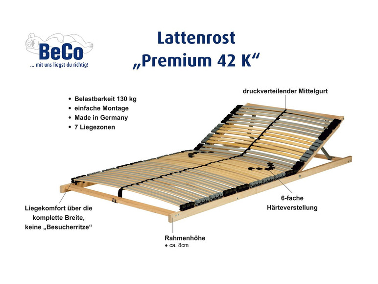 Latkový rošt BeCo Premium 42 K s 6-stupňovou reguláciou tvrdosti.