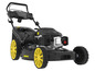 Čierna kosačka na trávu so žltými kolesami a motorom Briggs & Stratton.