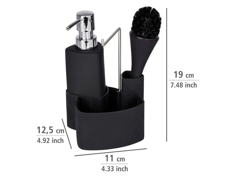Čierny dávkovač mydla, kefa a držiak na špongiu.