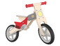 Drevený odrážadlový bicykel s červenými detailmi a predným svetlom.