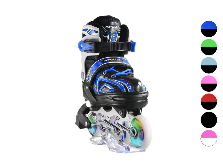 Modré inline korčule Apollo s blikajúcimi kolieskami.