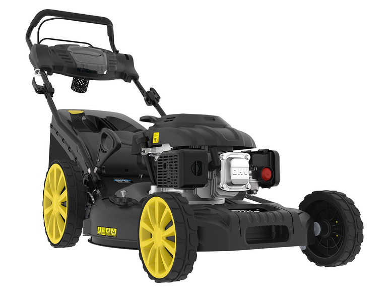 Čierna kosačka na trávu so žltými kolesami a motorom Briggs & Stratton.