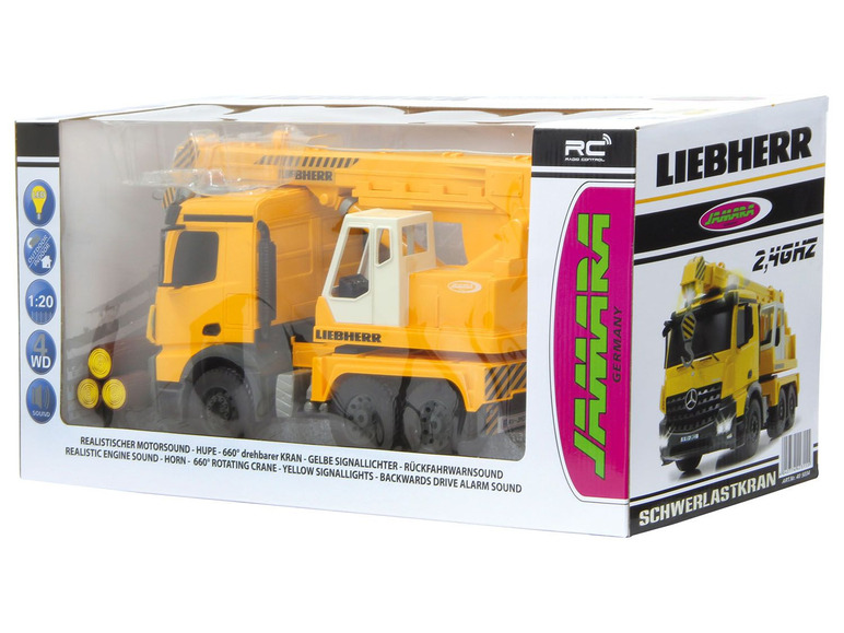 Žltá hračkárska žeriavová súprava Liebherr s 2,4 GHz ovládaním