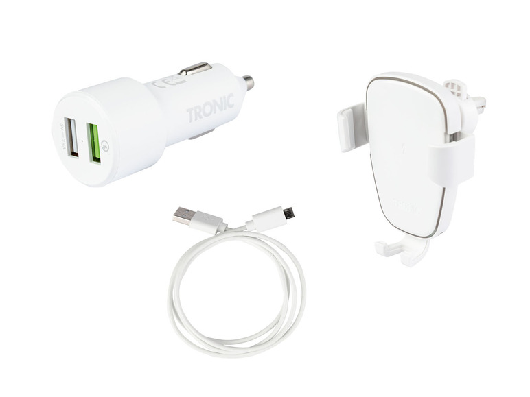 Biela auto nabíjačka, držiak telefónu a USB kábel od značky Tronic.