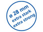 Modrý kruh s textom 'Ø 28 mm extra stark extra strong'.