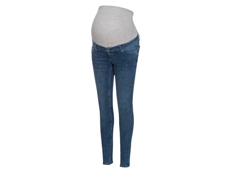 Tmavomodré skinny džínsy pre tehotné ženy.