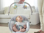 Dieťa sedí v hojdacej stoličke Fisher-Price s hracou tyčou s levom a slonom.