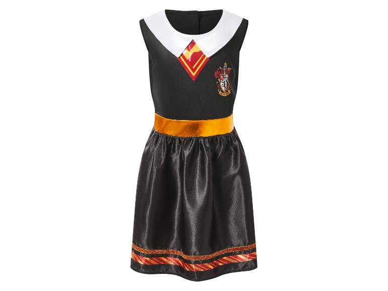 Čierne šaty Gryffindor s bielym golierom, zlatým opaskom a pruhovaným lemom