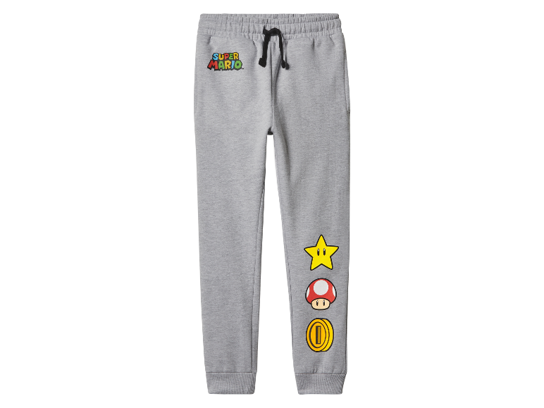 Sivé detské tepláky Super Mario s ikonami.