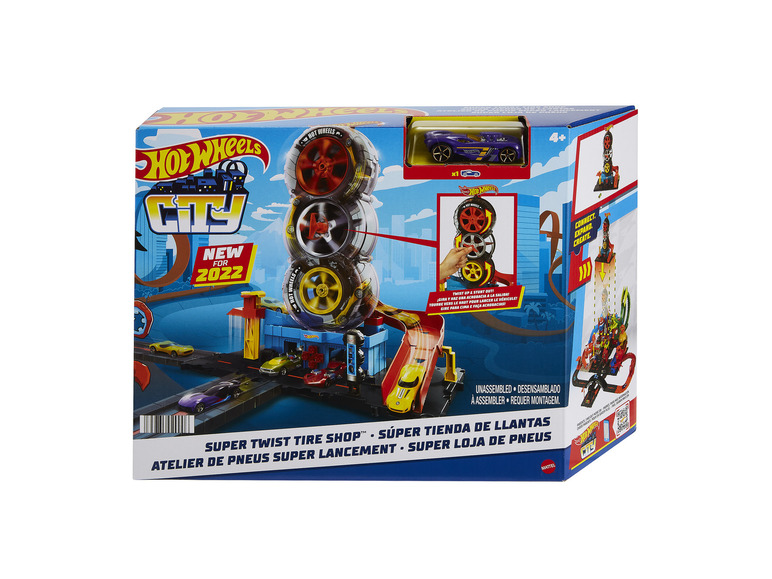 Sada Hot Wheels City Super Twist Tire Shop s autíčkom.