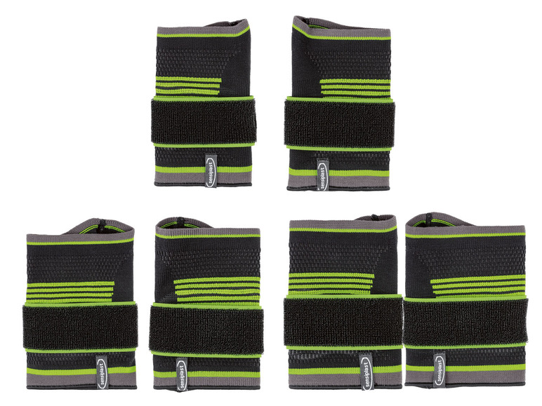 Šesť  zápästných bandáží Sensilast s pruhmi v zelenej a čiernej farbe.
