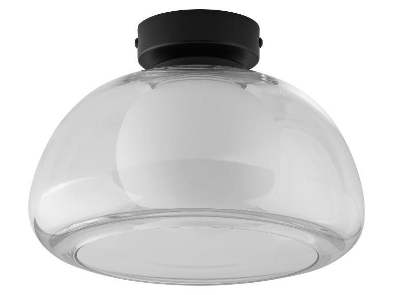 Sklenená stropná lampa s kupolou a čiernou základňou.