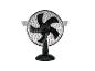 Čierny oscilačný stolný ventilátor s nastavením rýchlosti 0, 1, 2, 3