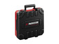 Čierny kufrík na náradie Parkside s červenými detailmi.