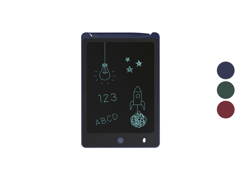 Tmavomodrý LCD tablet na písanie s obrázkom žiarovky, hviezd a rakety v svetlo modrej farbe.