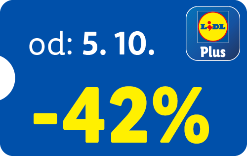 Modrý štítok so zľavou -42 % od 5. 10. s aplikáciou.