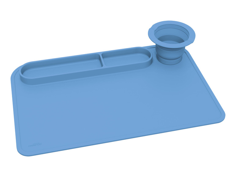 Modrý silikónový podnos na jedlo s držiakom na pohár od Crelanda.