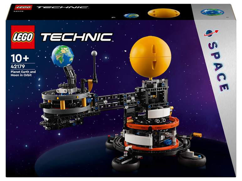 LEGO Technic model planéty Zem a Mesiaca v obežnej dráhe okolo Slnka.