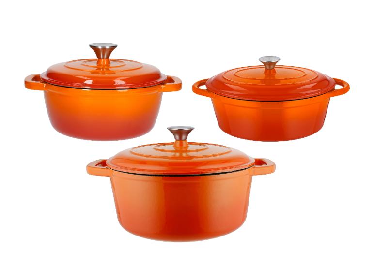 SILVERCREST® Liatinový hrniec, 2,8 l, oranžový + Liatinový pekáč, 4,8 l, oranžový + Liatinový hrniec, 5,6 l, oranžový