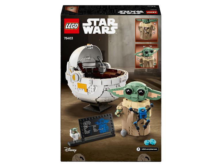 Súprava LEGO Star Wars 75403 s Groguom, jeho vznášadlom a informačnou tabuľkou.