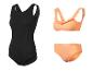 Čierne jednodielne plavky a oranžové bikiny s volánikmi