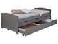 Sivá posteľ s úložným priestorom, vrátane zásuviek a vysúvateľnej postele.