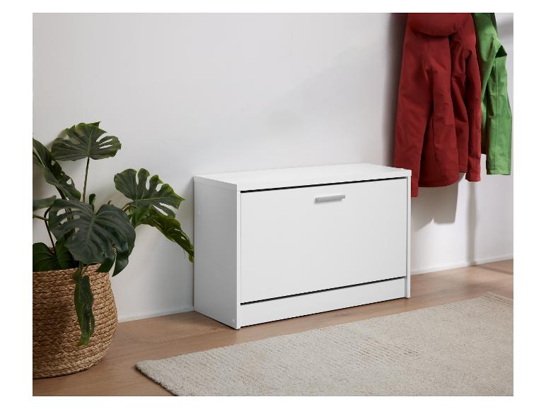 Biela skrinka na topánky s zásuvkou a rastlinou v koši