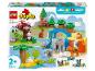 Krabička LEGO Duplo 10446 3v1 Rodiny divokých zvierat, s figúrkami zvierat a postavenými krajinkami.