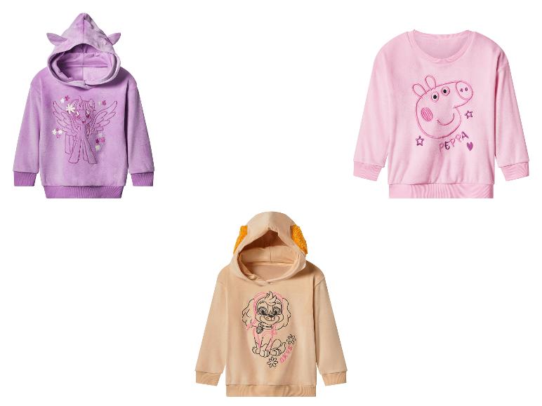 Fialová mikina My Little Pony s kapucňou, ružová mikina Peppa Pig a béžová mikina Paw Patrol Skye s kapucňou.