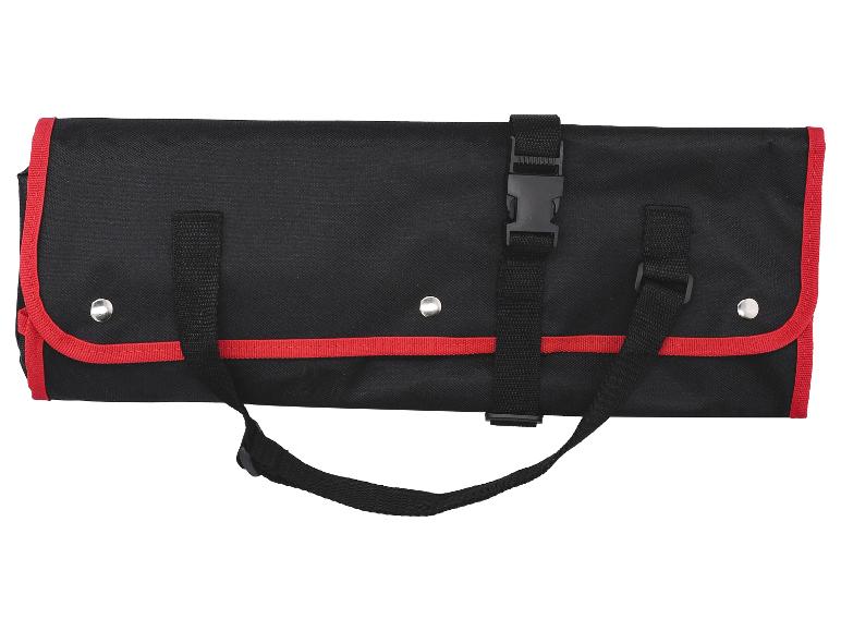 Čierna rolovacia taška na náradie s červenými okrajmi a prackou