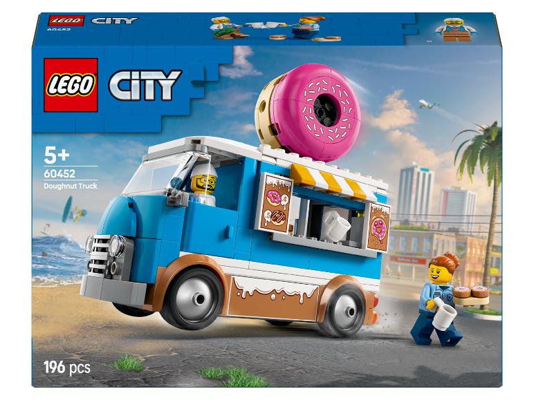 Súprava LEGO City 60452 Donut Truck s modrým nákladným autom a dvoma minifigúrkami.