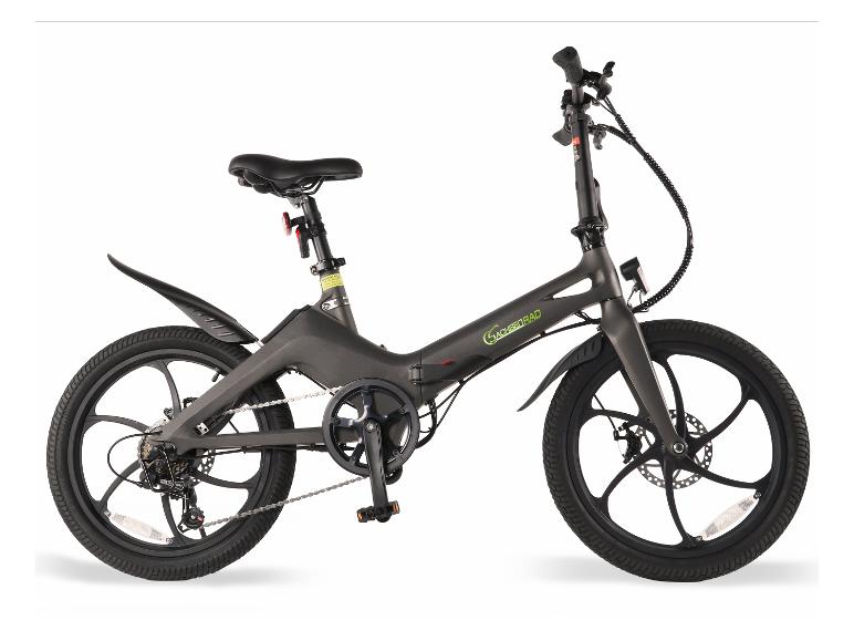 Skladací e-bicykel SachsenRAD v tmavosivej farbe s čiernymi kolesami a sedlom