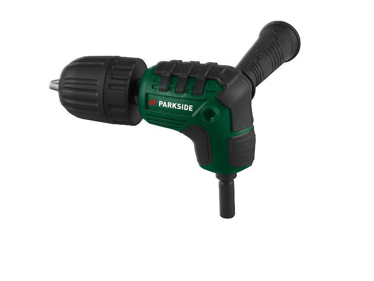 Zelená vŕtačka Parkside s priamou a uhlovou hlavou.