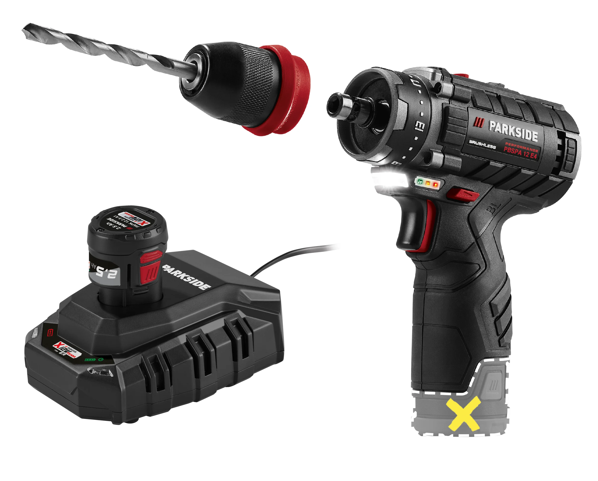 PARKSIDE PERFORMANCE® Aku vŕtací skrutkovač PBSPA 12 E4 + Akumulátor 12 V/2,5 Ah PAPK 12 2.5 B1 + Nabíjačka 6 A PLGK 12 6.0 B1