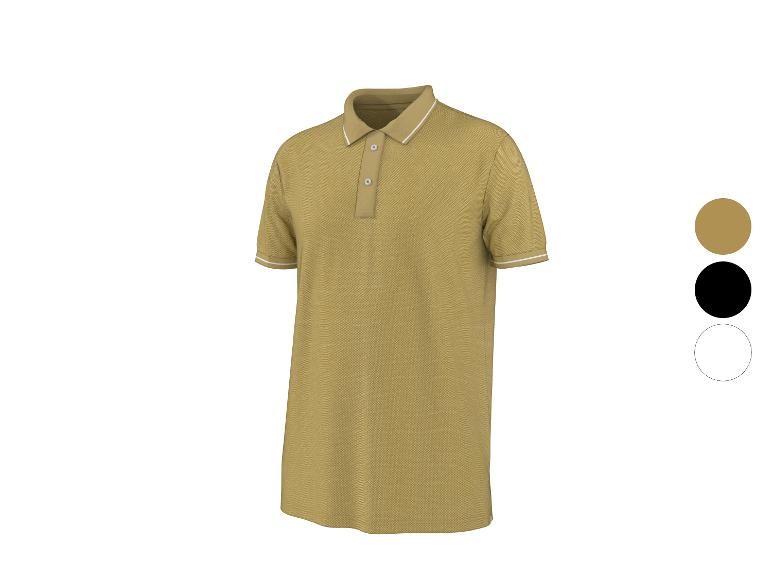 Pánske polo tričko s krátkym rukávom v horčicovo žltej farbe s bielymi pruhmi na golieri a rukávoch.