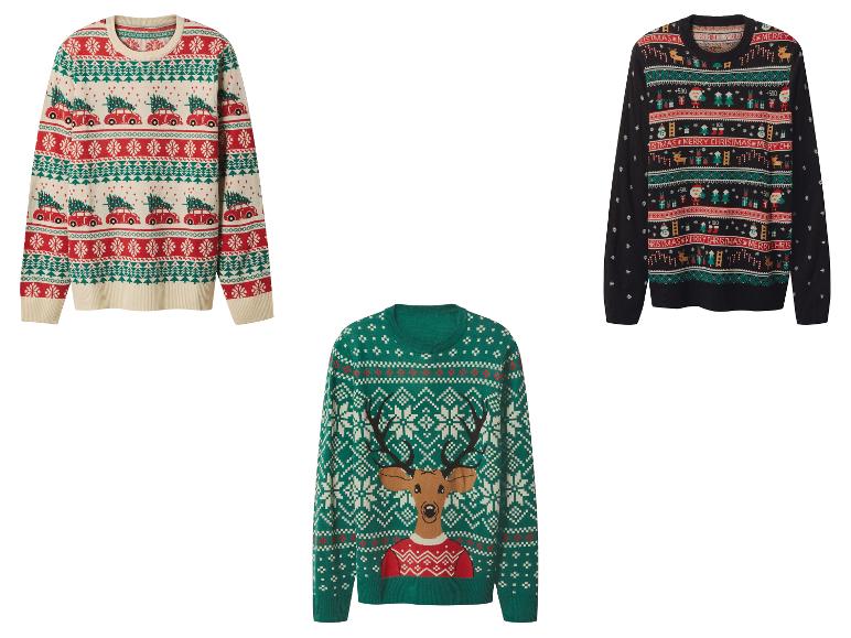 Tri slávnostné vianočné svetre: jeden s červenými autami, jeden so sobom a jeden s rôznymi sviatočnými motívmi.
