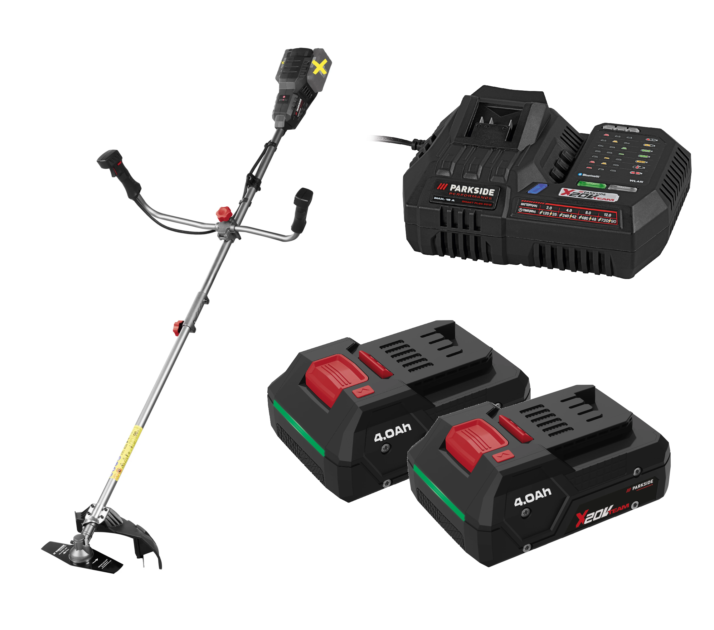 E-shop PARKSIDE PERFORMANCE® Aku krovinorez 2 v 1 40 V PPAFS 40-Li A1 + Smart nabíjačka akumulátora 20 V/12 A + Smart akumulátor 20 V/4 Ah, 2 kusy