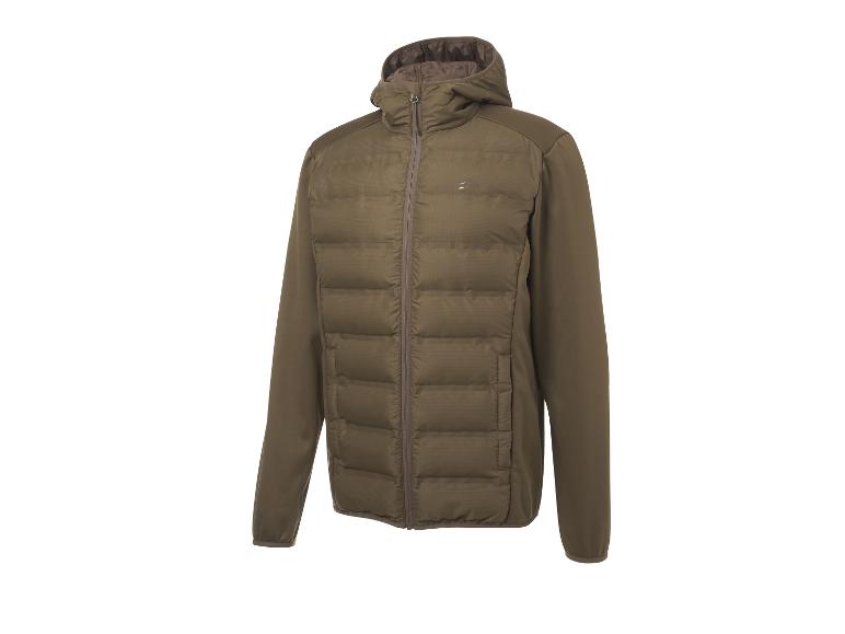 Pánska olivovo zelená prešívaná bunda s kapucňou, dlhými rukávmi a predným zipsom