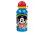 Modrá fľaša na vodu s kresbou Mickey Mousea, čerešňami a nápisom „CHAMPION“.