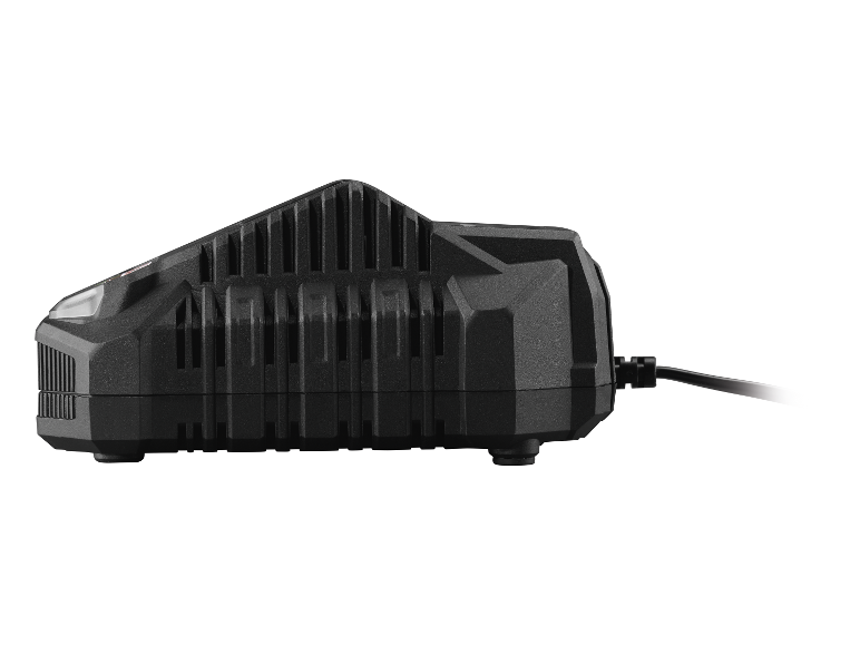 Čierny nabíjačka batérie, pohľad zboku.