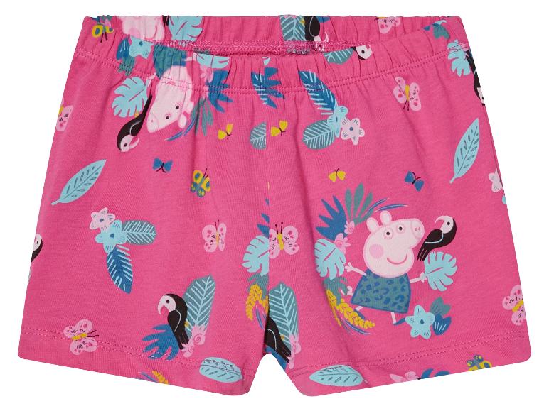 Ružové šortky Peppa Pig s tropickou potlačou a tukanmi.