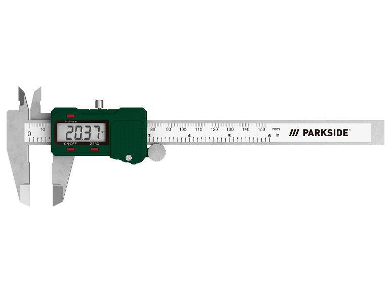 Digitálne posuvné meradlo PARKSIDE zobrazujúce 20,37 mm.