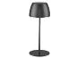 Čierna bezdrôtová stolová lampa s okrúhlou základňou a kónickým tienidlom.
