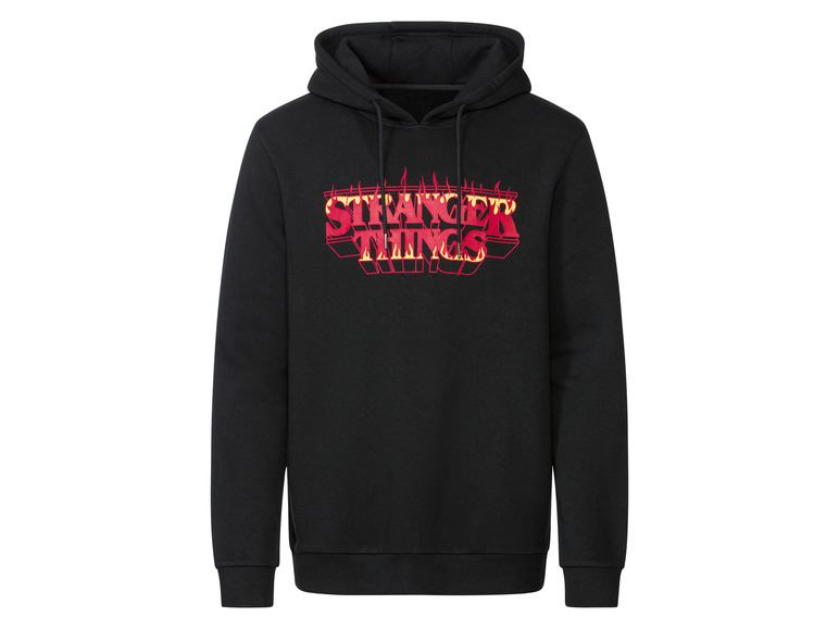 Čierna mikina s logom 'Stranger Things' v plameňoch.